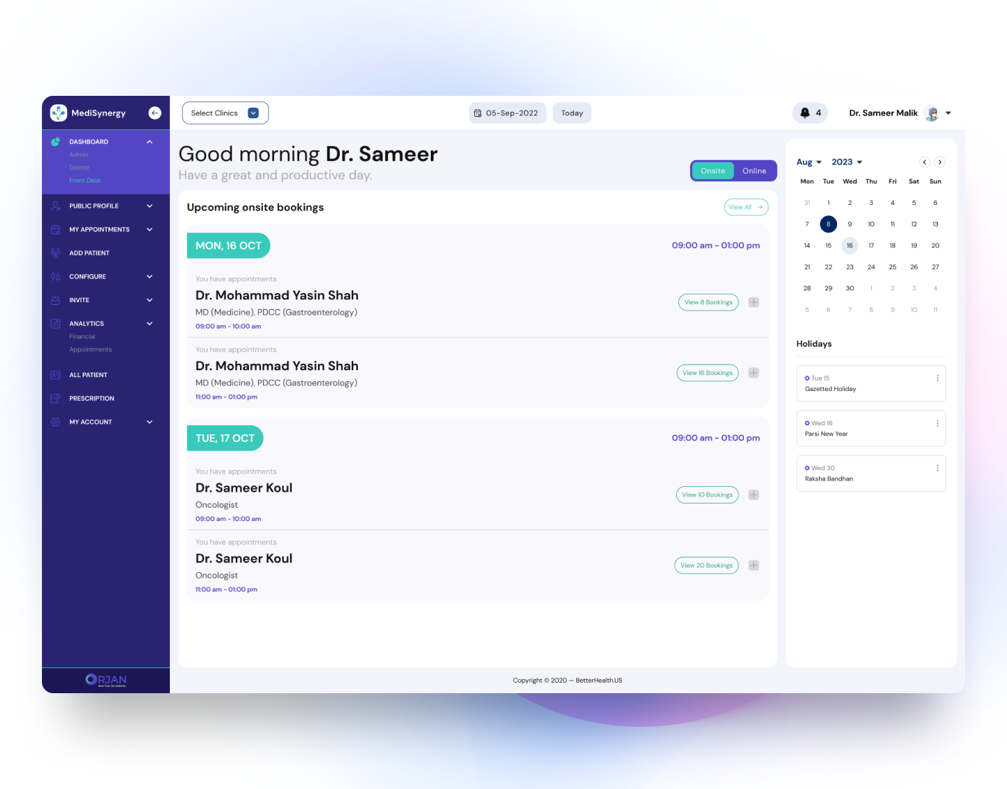 A computer screen shows a calendar and a list of doctors.