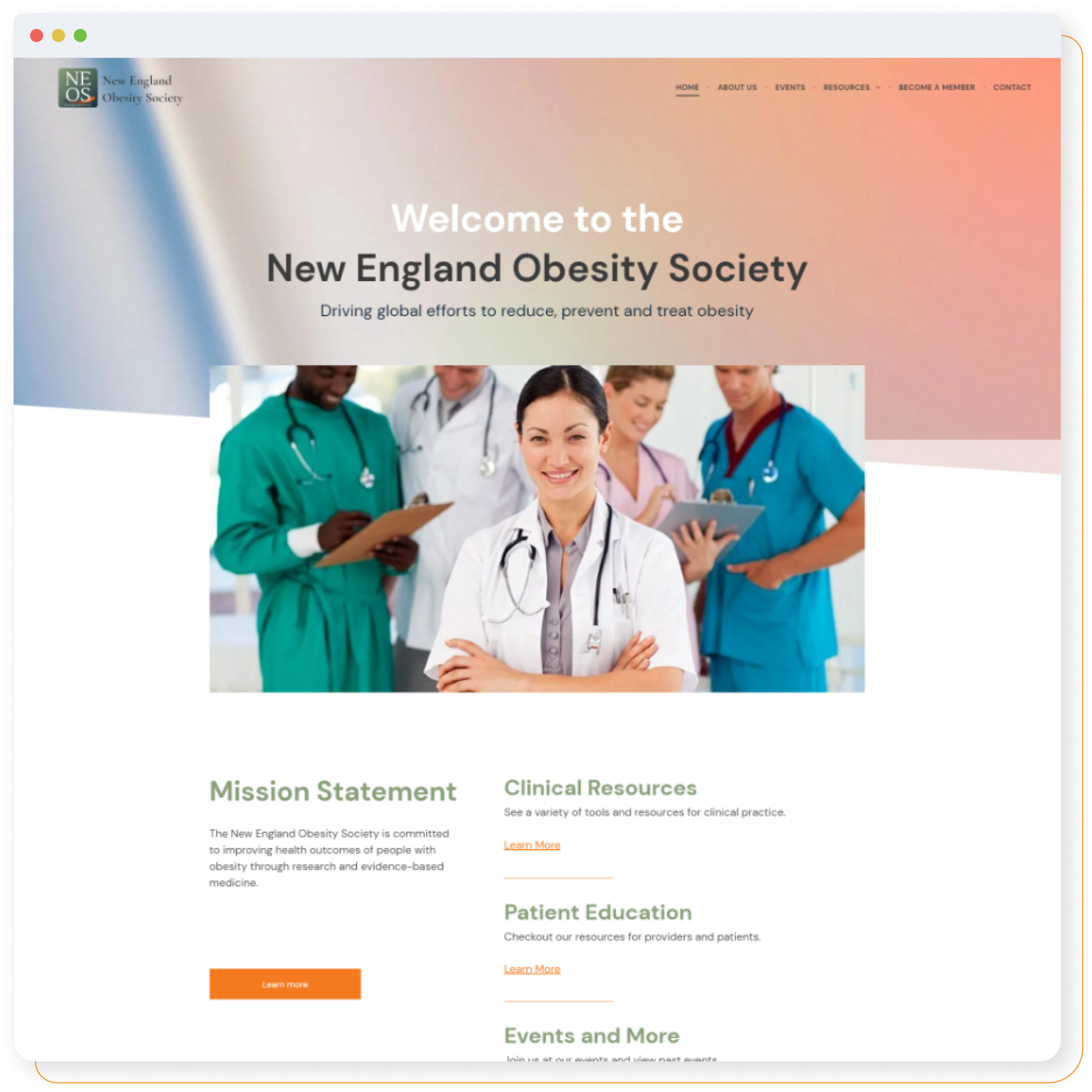 A screenshot of the new england obesity society website.