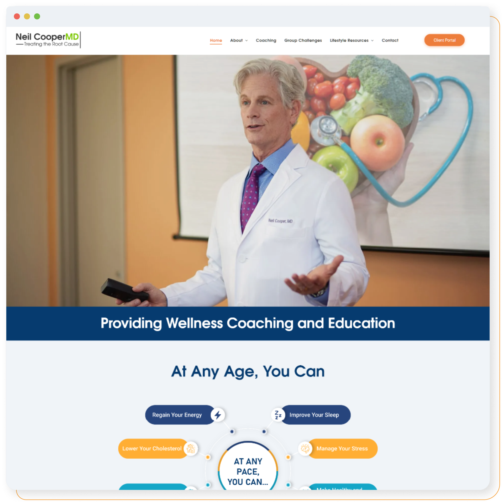 A man in a lab coat is giving a presentation on a website.