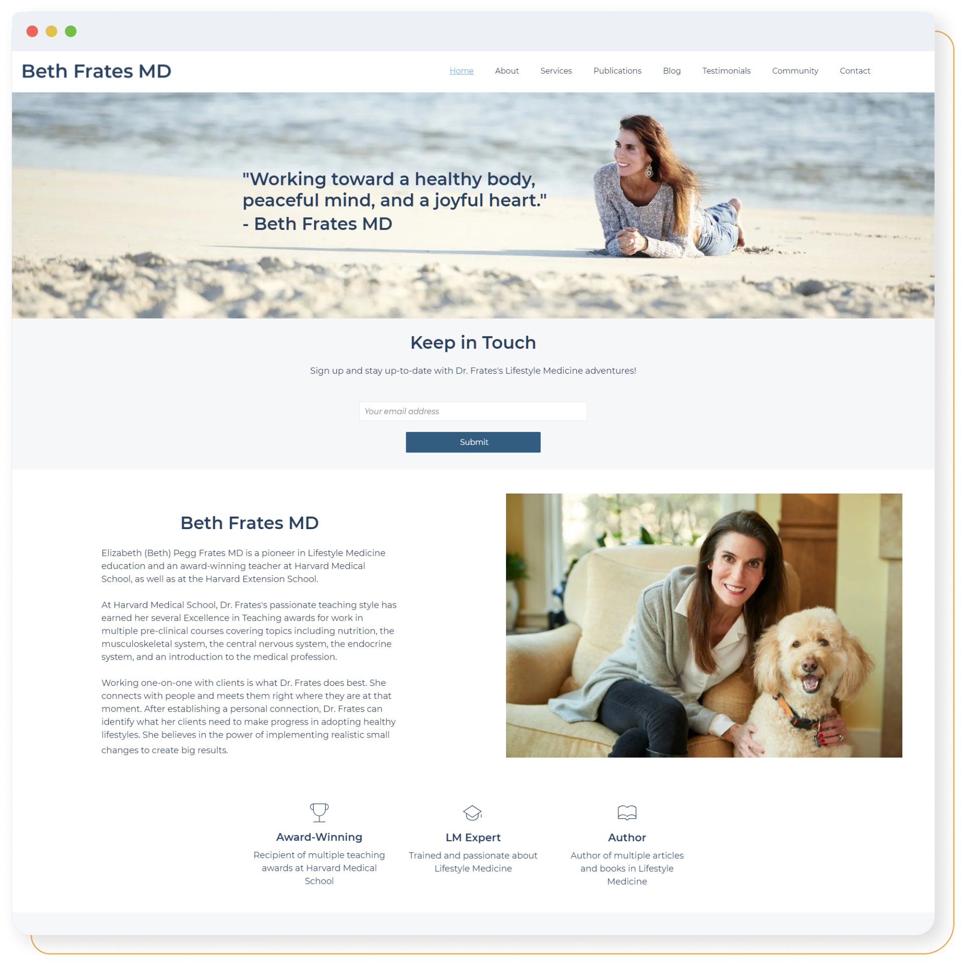 A woman is laying on the beach with a dog.