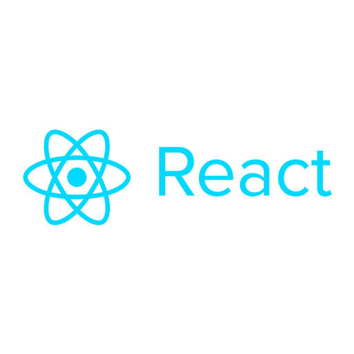 A logo for react with a blue atom on a white background.