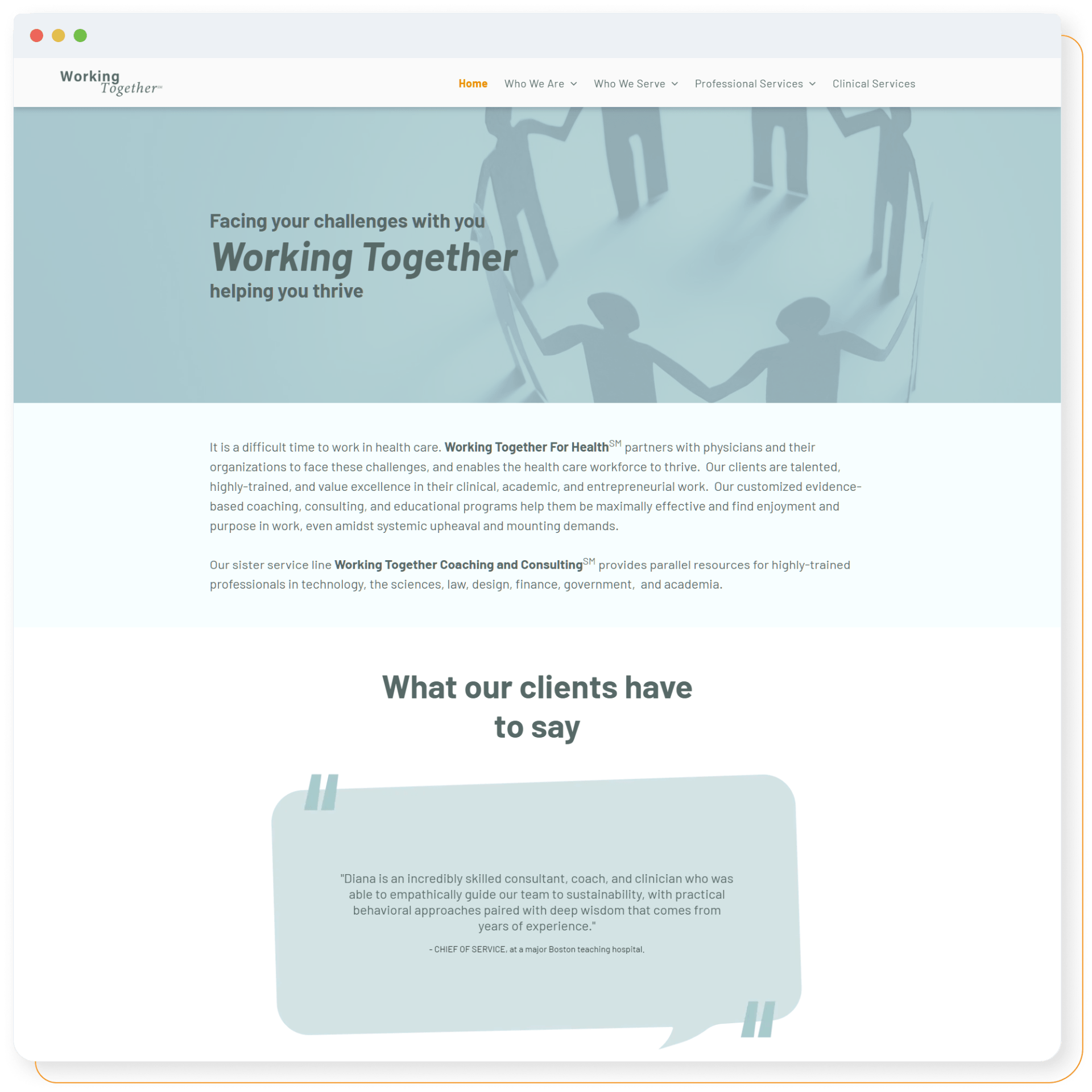A screenshot of a website that says working together and what our clients have to say