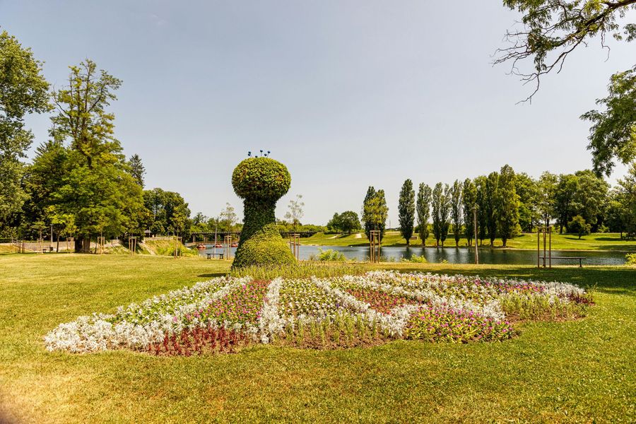 A garden with flowers and trees in a park with a lake in the background.