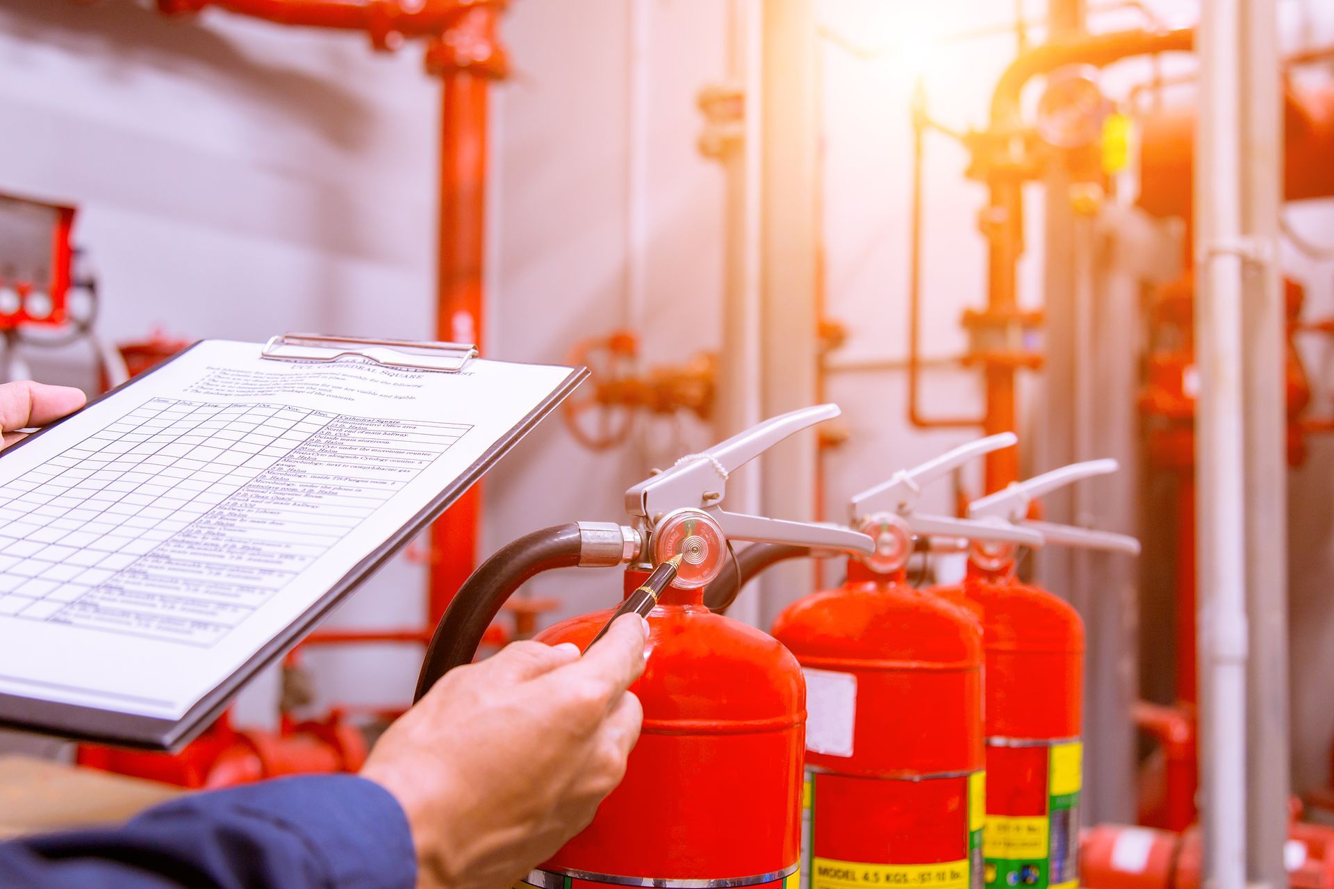 A person is holding a clipboard in front of a row of fire extinguishers.