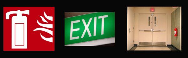 A fire extinguisher , an exit sign , and a picture of an elevator.