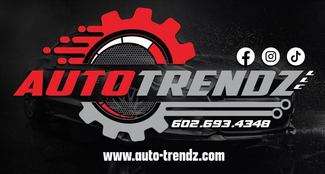 Auto Trendz logo: red/gray gear, car silhouette, social media icons, phone number, website.