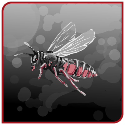 Une guêpe noire et rouge vole dans les airs