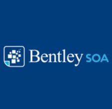 Logo Bentley SOA con testo e disegno quadrato astratto in bianco su sfondo blu.