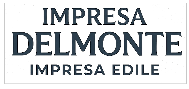 Logo di Delmonte, un'impresa edile italiana. Presenta le lettere D, L ed E stilizzate come un edificio. Testo: Delmonte, Impresa Edile.