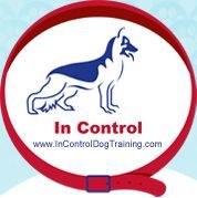 The logo for in control dog training shows a german shepherd wearing a cape.