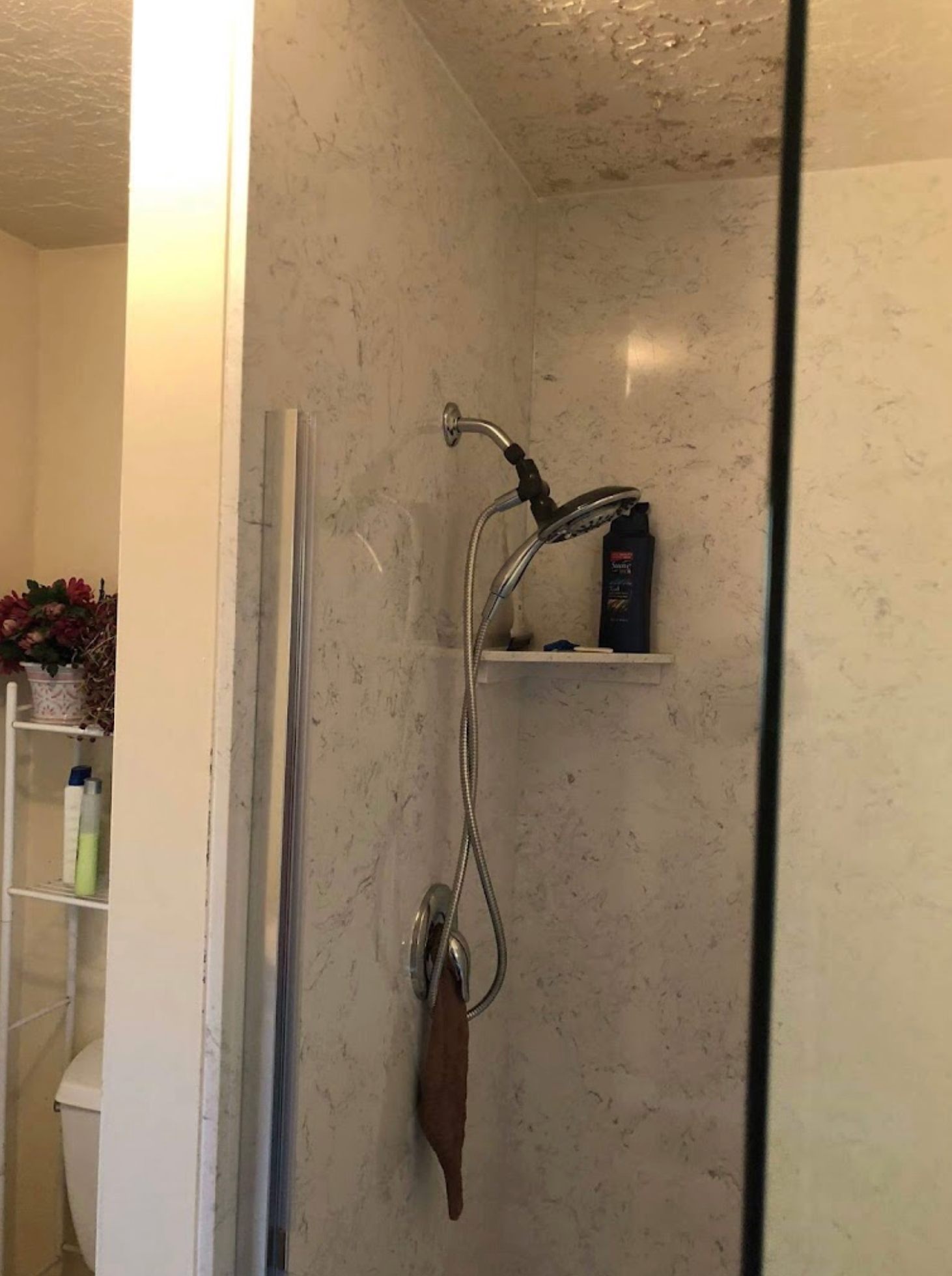 A bathroom with a shower and a toilet.