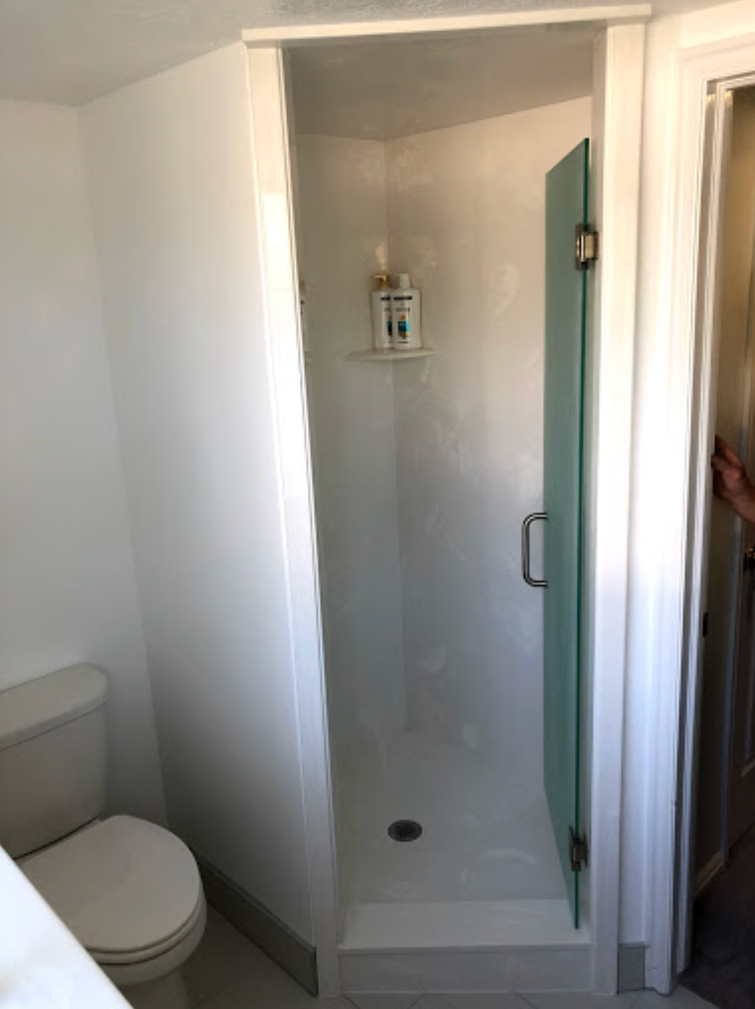 A bathroom with a toilet and a shower stall