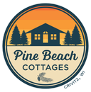 Pine Beach Cottages logo: cabin silhouette, pine trees, sunset background, text and pinecone illustration.