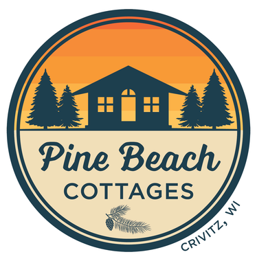Round logo: Silhouette of a cabin between pine trees, sunset backdrop.