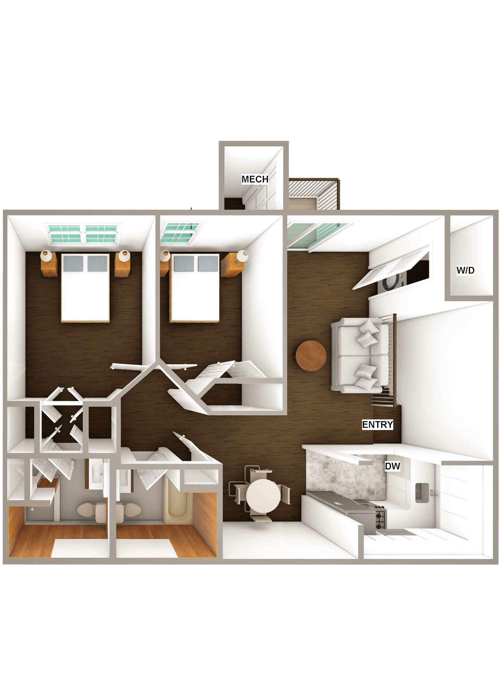 Two Bedroom Floor Plan of apartment for rent in New Jersey at Sofia South Plainfield