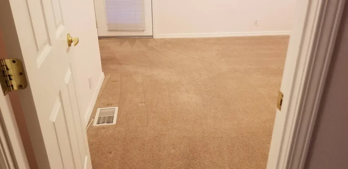 A room with a carpeted floor and a door that is open.