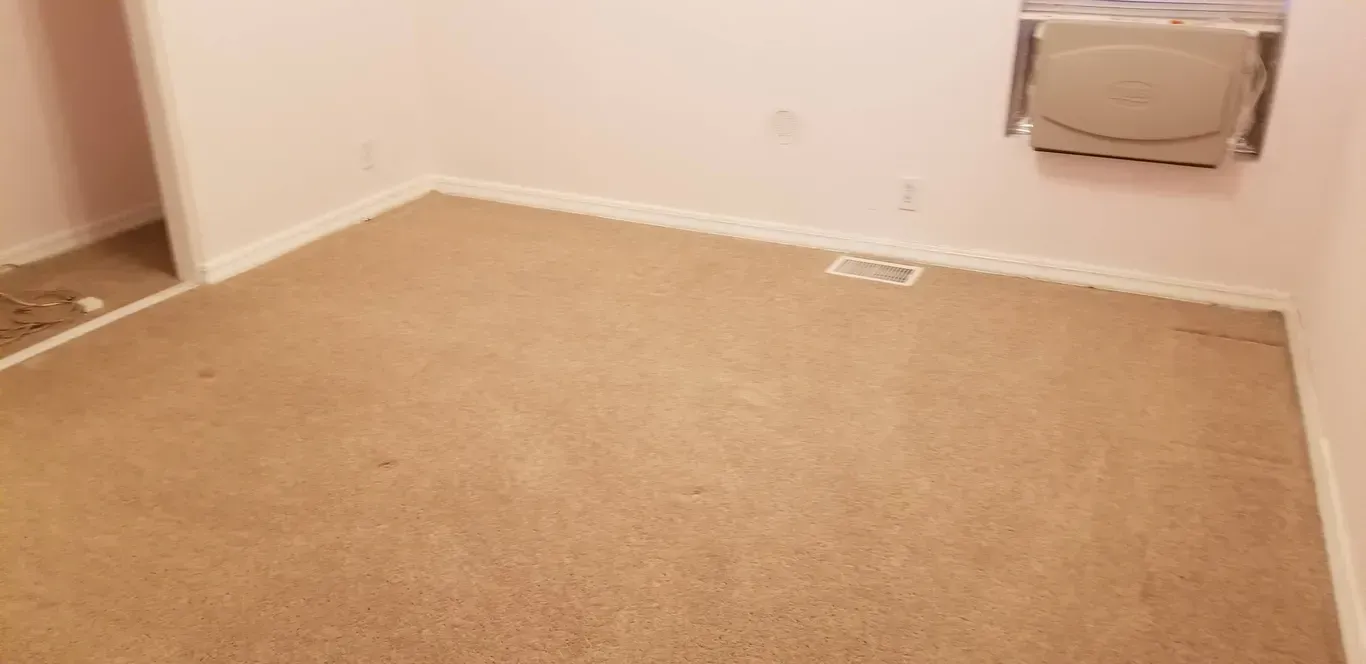 A room with a carpeted floor and a white wall.
