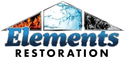 A logo for Elements Restoration with a picture of a house