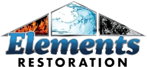 A logo for Elements Restoration with a picture of a house