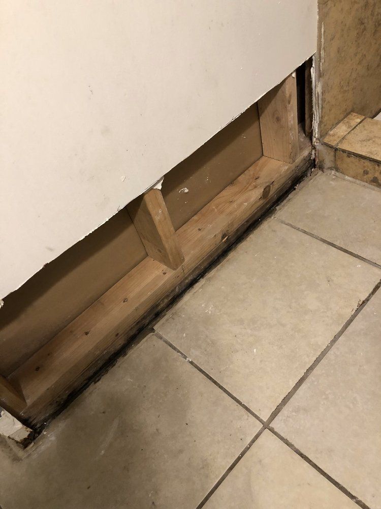 There is a hole in the wall between the tile floor and the wall.