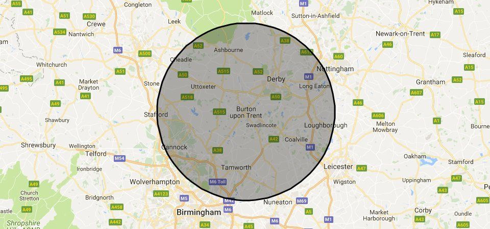 Map 20 miles - Burton on Trent