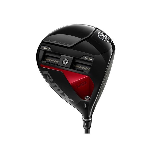 A black and red golf club on a white background.
