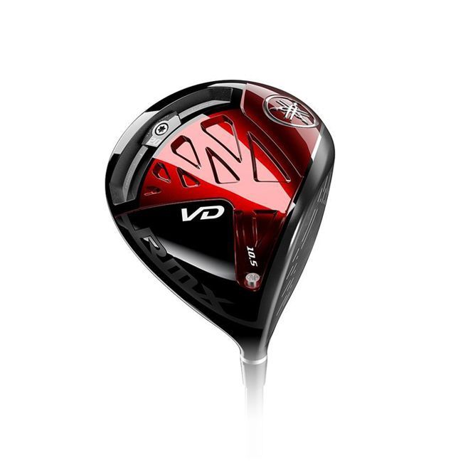 A red and black golf club on a white background.