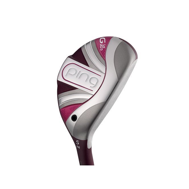 A close up of a ping golf club on a white background.