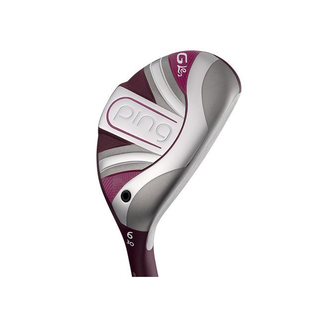 A close up of a ping golf club on a white background