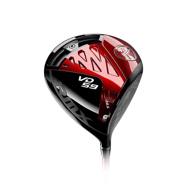 A red and black golf club on a white background.