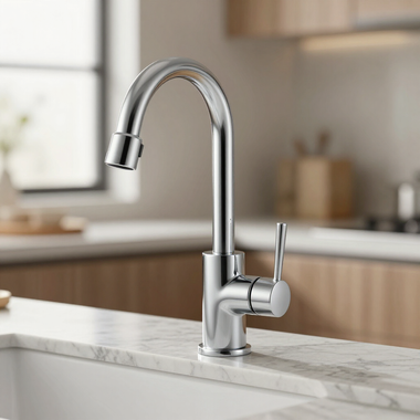 Chrome kitchen faucet over a marble countertop in a modern kitchen