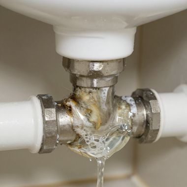 Leaking metal plumbing joint under a sink, with water dripping from the pipe connection