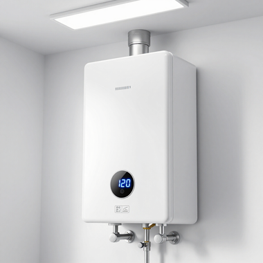 White wall-mounted water heater with digital display in a modern utility room