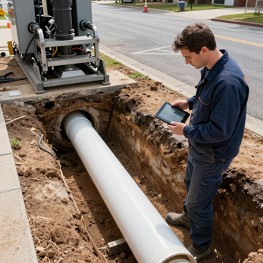 Worker inspects a white underground pipe in a trench beside a street with a tablet.