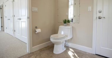 Bathroom with white toilet, beige walls, and carpeted floor near two white doors.