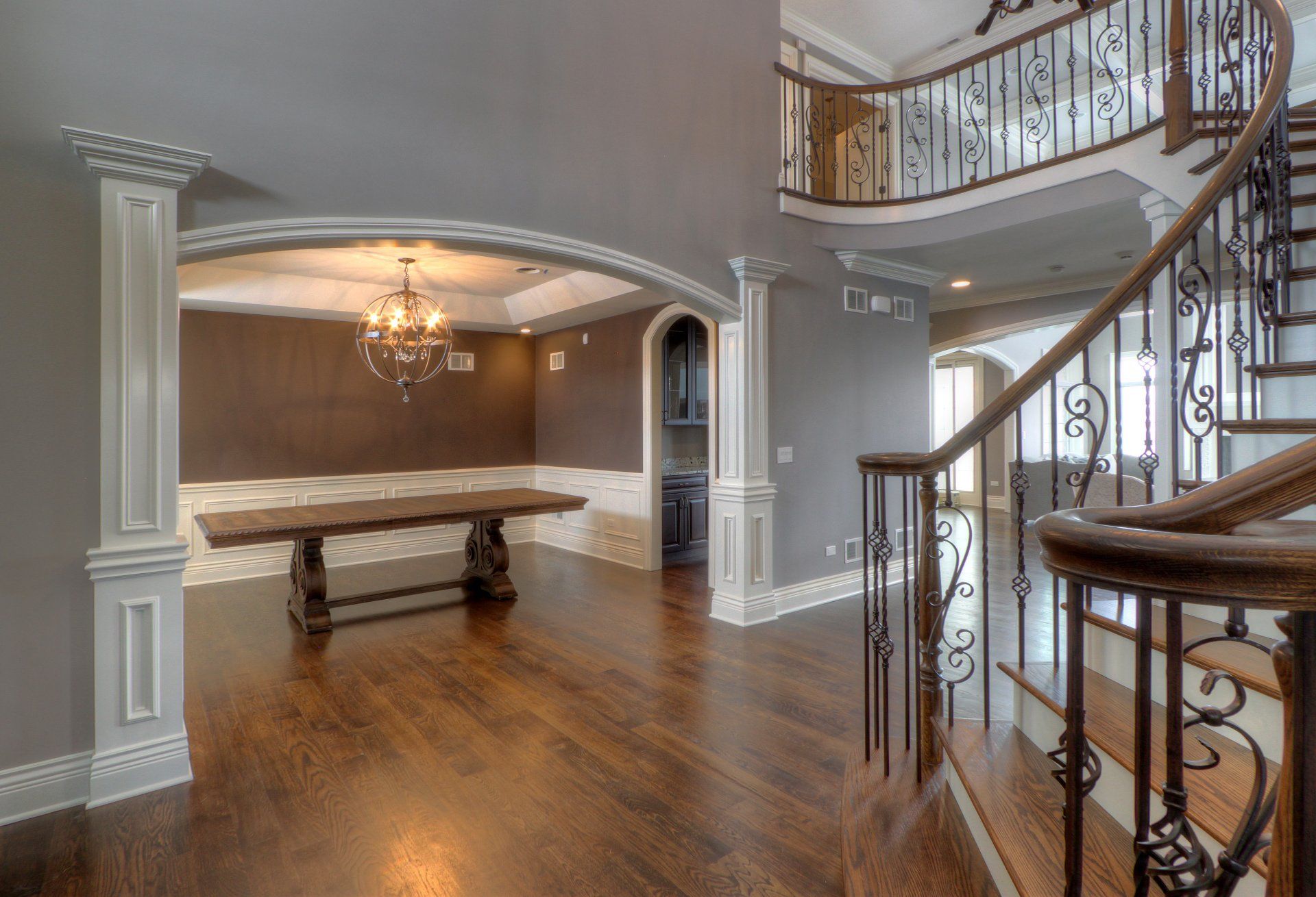 There is a staircase in the middle of the room.