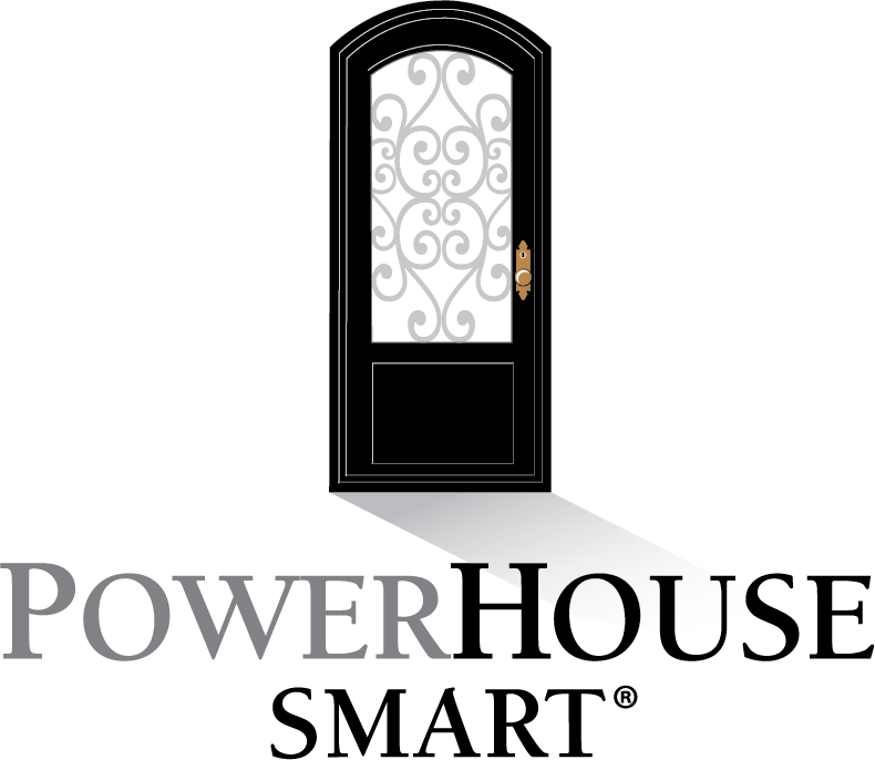 The logo for powerhouse smart is a black door with a wrought iron design on it.