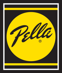 A yellow and black pella logo on a black background