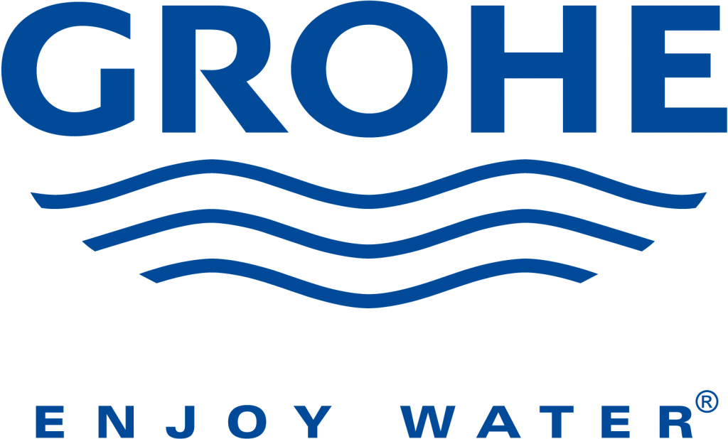 The grohe logo is blue and white and says enjoy water.