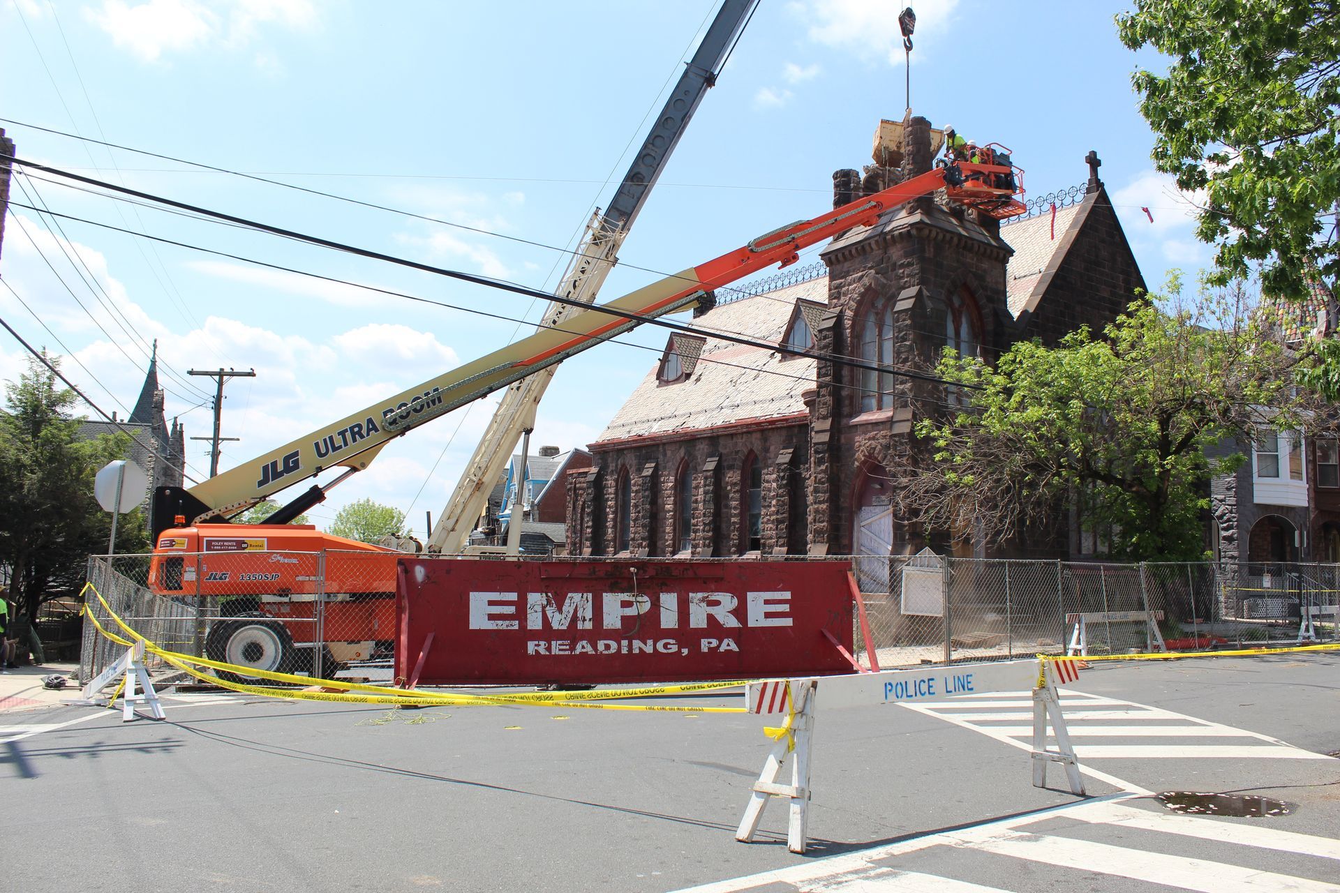 Emergency demolition of a church steeple in Reading, PA. This is the before shot. 