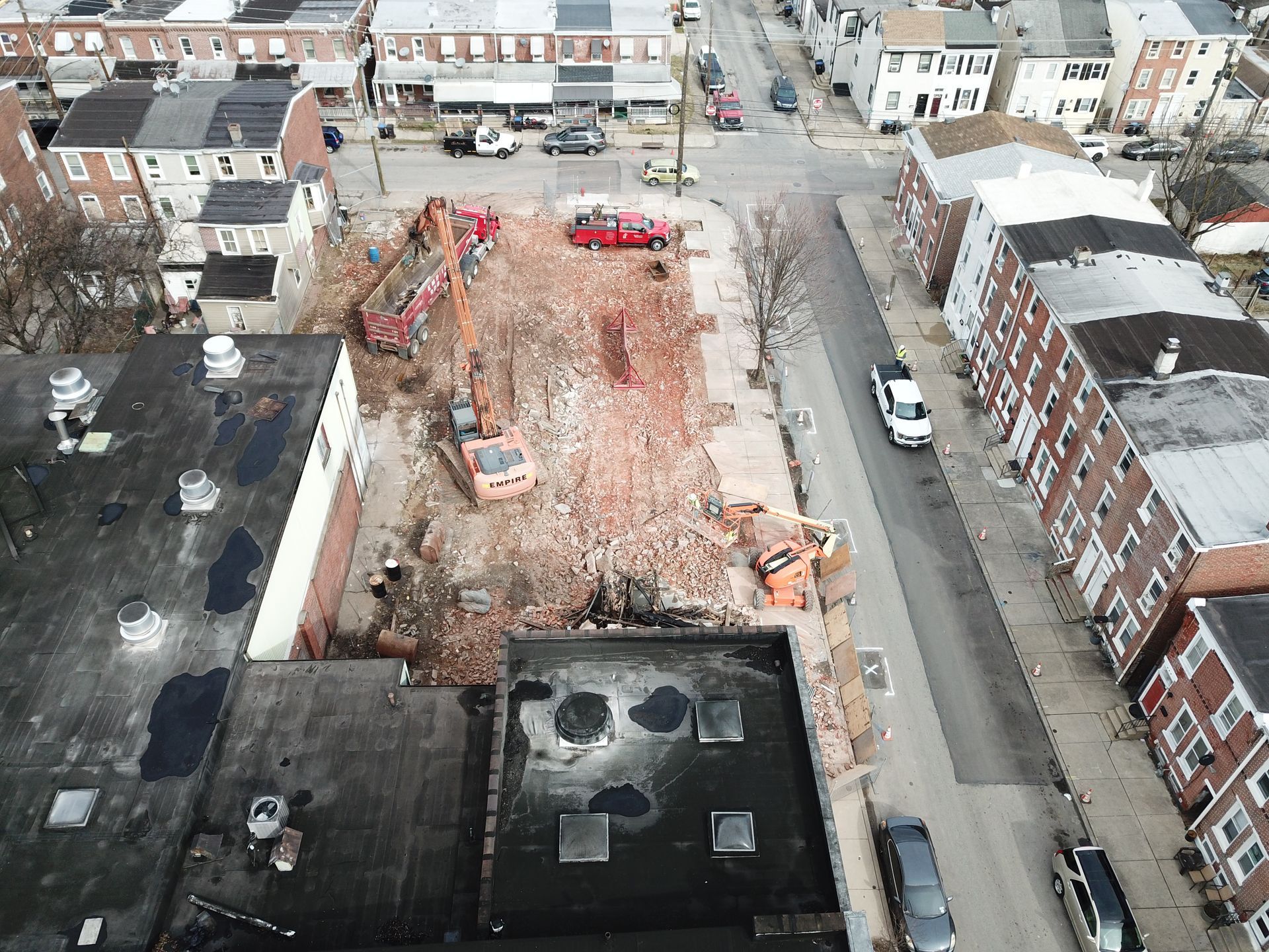 An aerial view of a construction site in a city