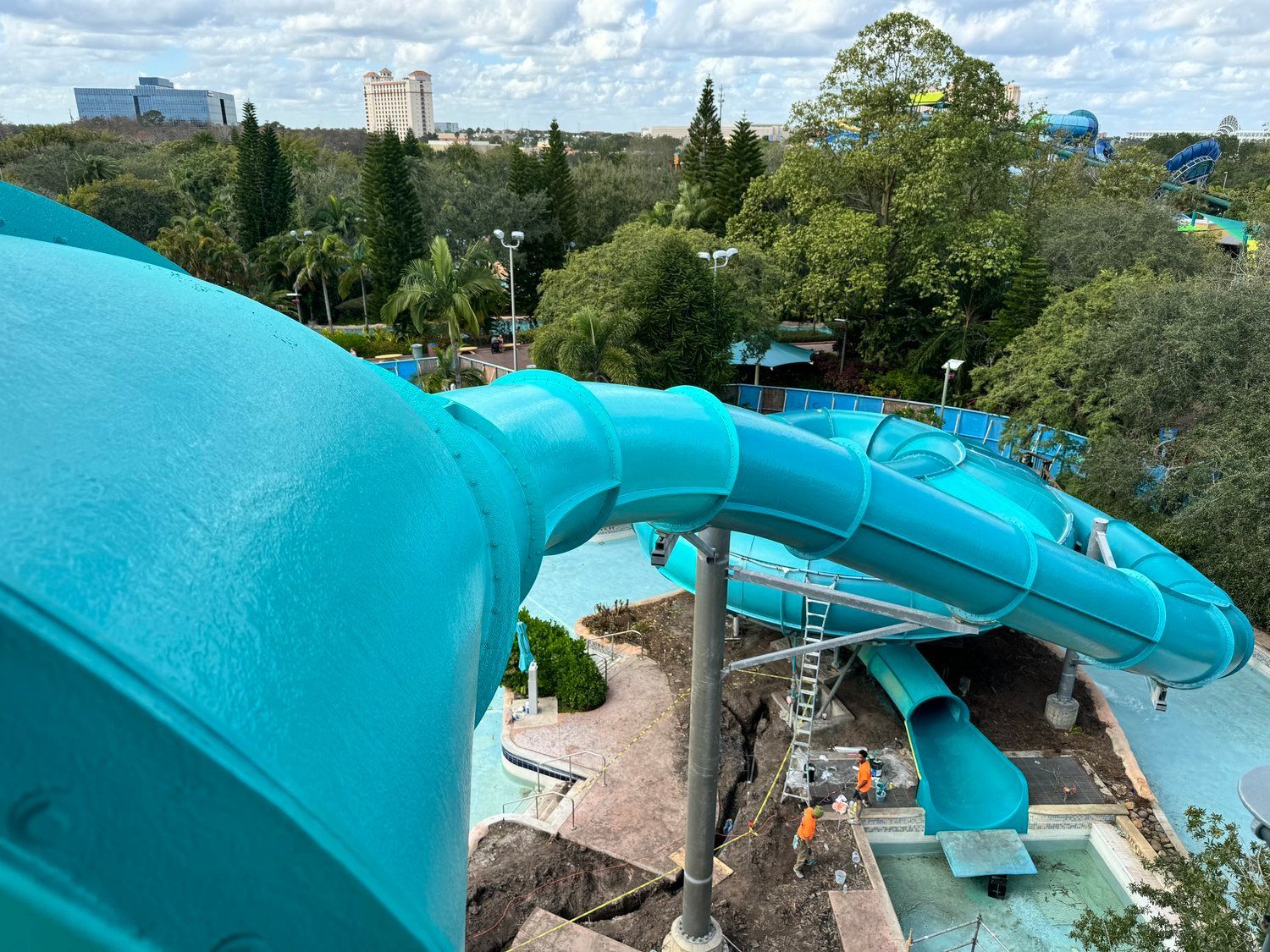 Newly installed fiberglass waterslide at Florida resort