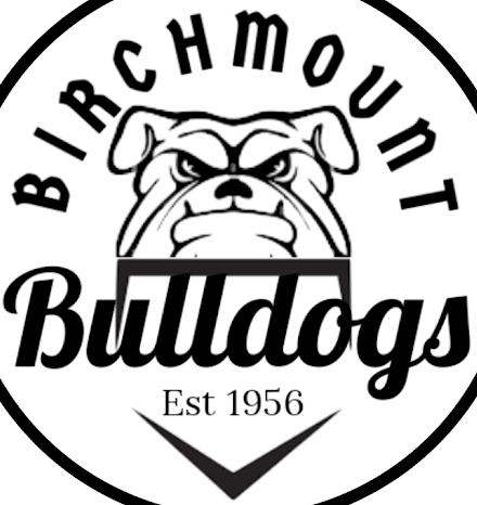 Logo for Birchmount Bulldogs, featuring a stylized bulldog face, the team name in cursive, and