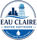 Eau Claire Water Softener Logo with Circular Badge Emblem, City Skyline, Water Tower, Wave Graphic, Droplet Icon, Tagline, and Company Name in Eau Claire, WI