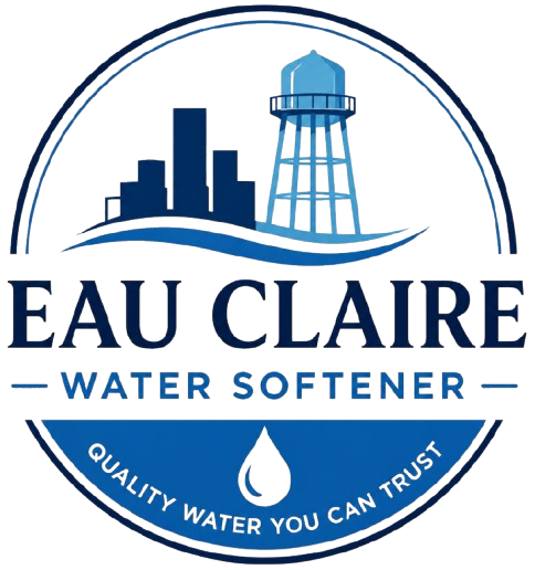 Eau Claire Water Softener Logo with Circular Badge Emblem, City Skyline, Water Tower, Wave Graphic, Droplet Icon, Tagline, and Company Name in Eau Claire, WI