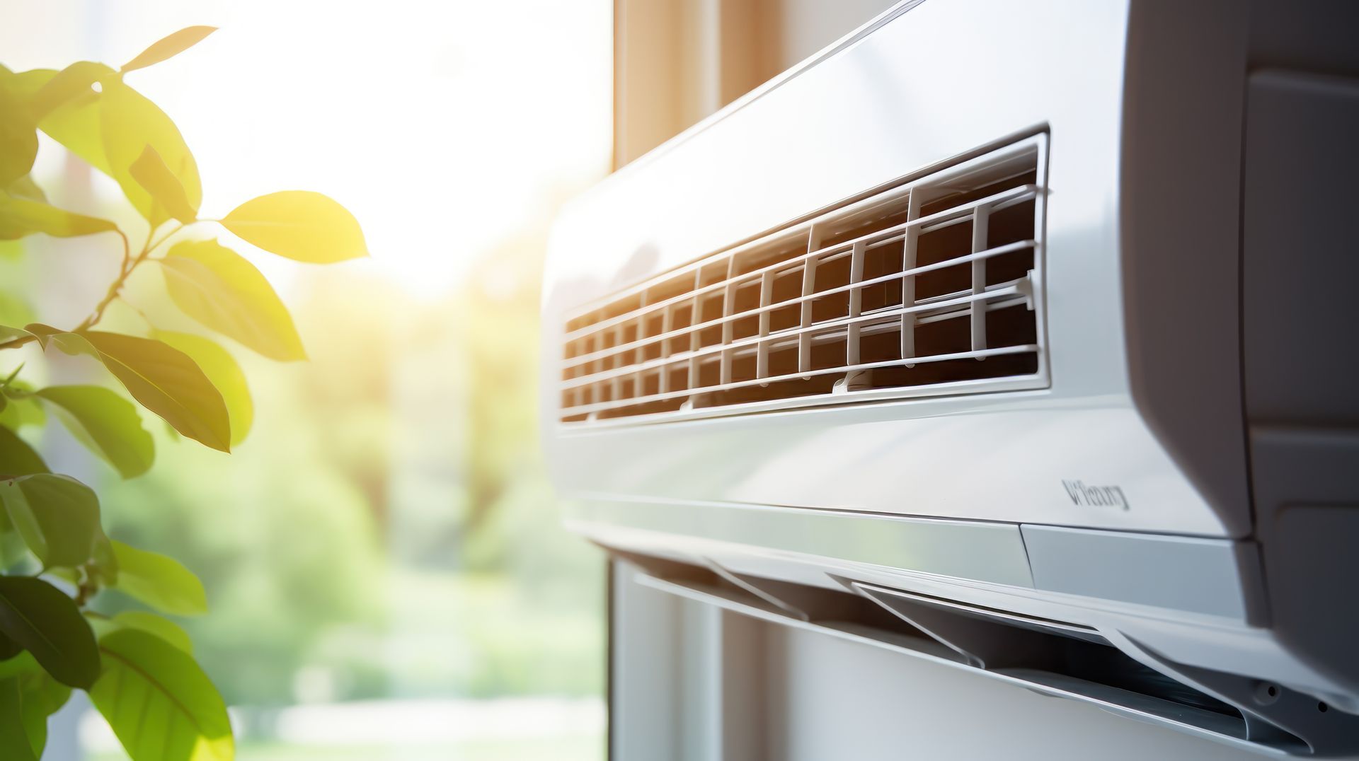 White air conditioning unit mounted on a wall near a window with sunlight and greenery.