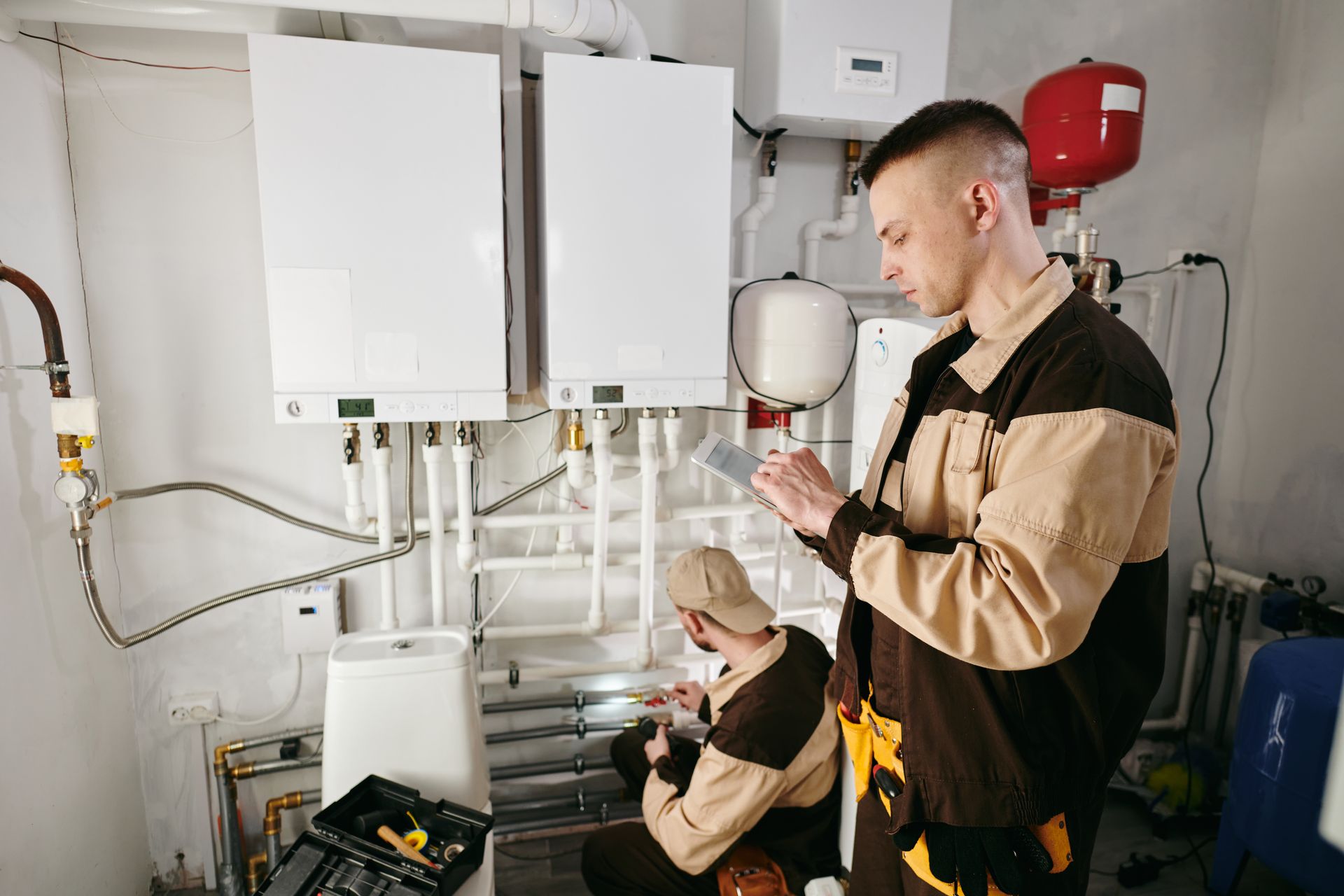 Two technicians working on heating equipment in a utility room. One examines a tablet, the other inspects pipes.