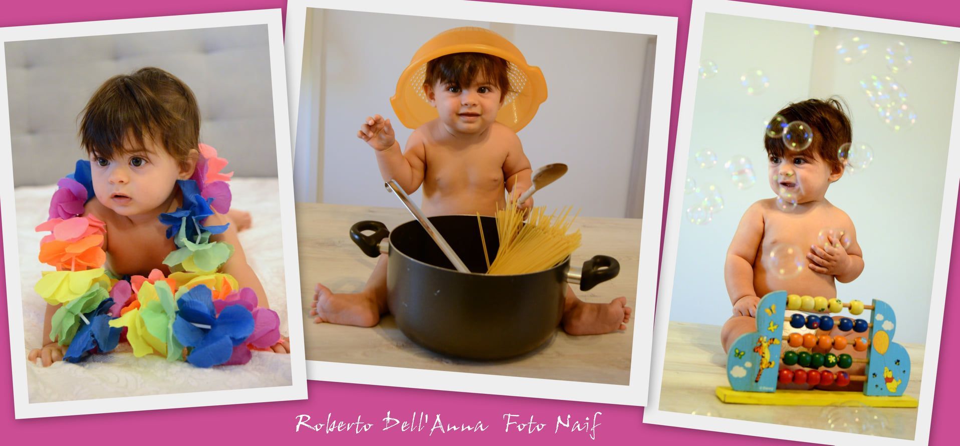 Un bambino è seduto in una pentola con un cucchiaio dentro.