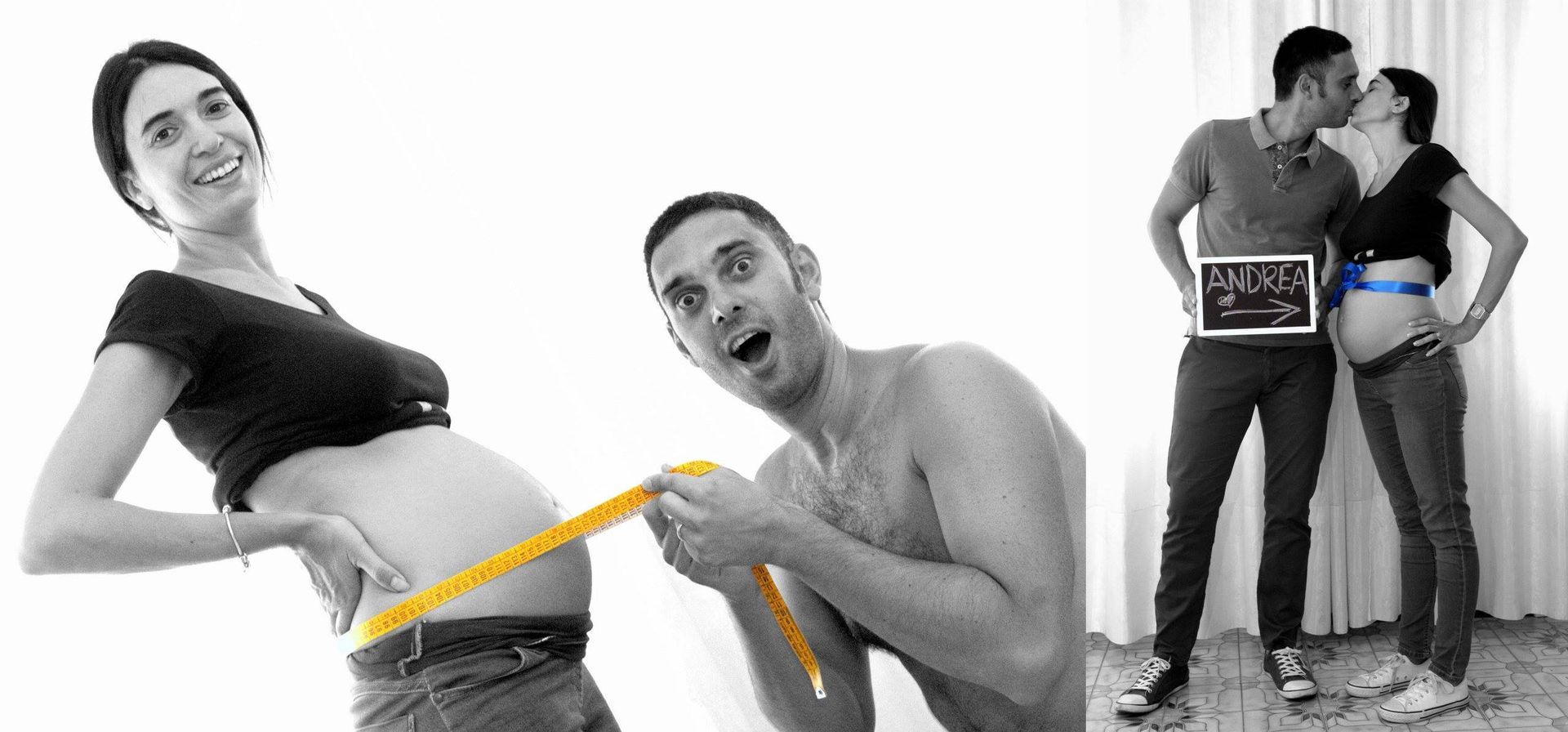 Un uomo sta misurando la pancia di una donna incinta con un metro a nastro.