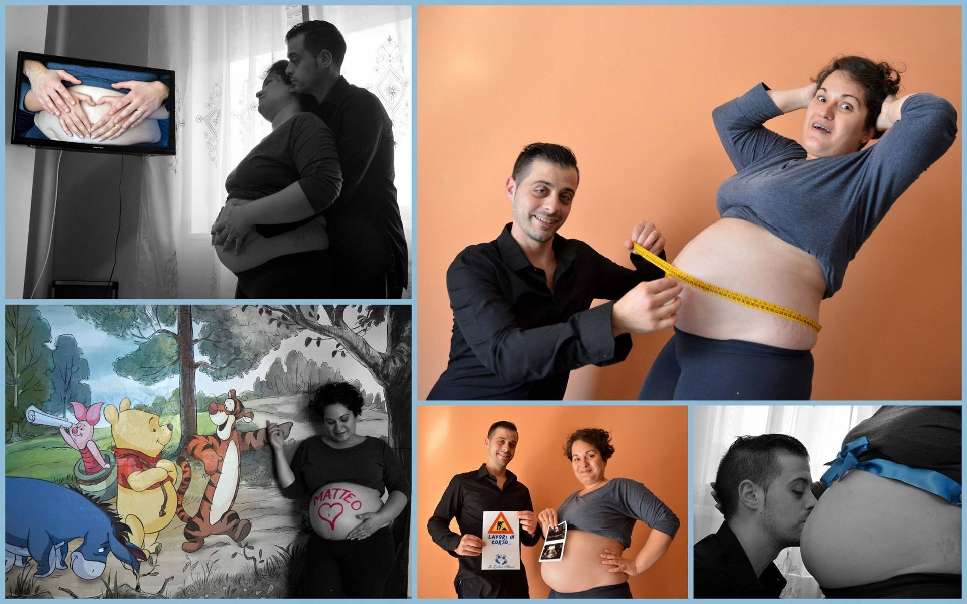 Un collage di foto di una donna incinta e di suo marito
